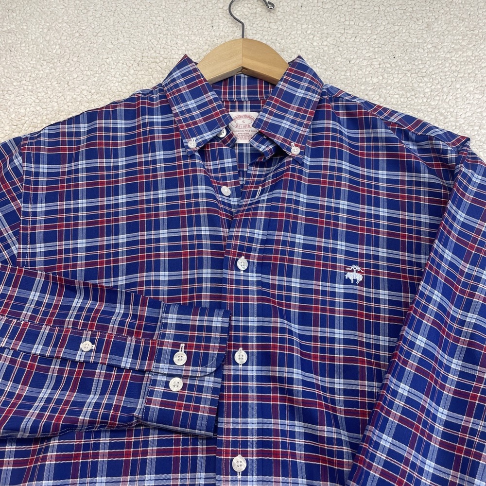 Brooks Brothers Shirt Mens S Blue Plaid Original Polo Non-Iron Supima Cotton L/S